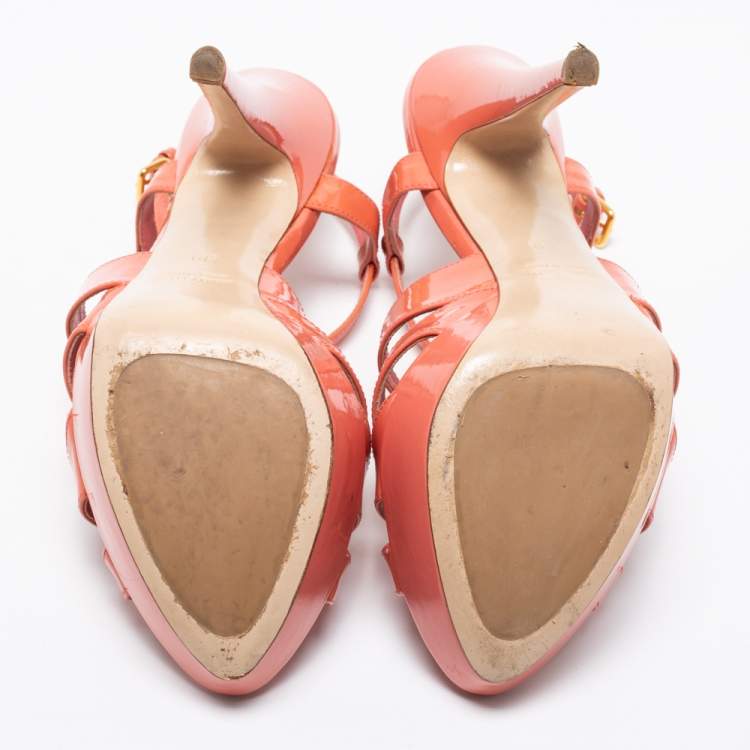 Pre Owned Miu Miu Peach Pink Patent Leather Platform Ankle Strap Sandals Size 39