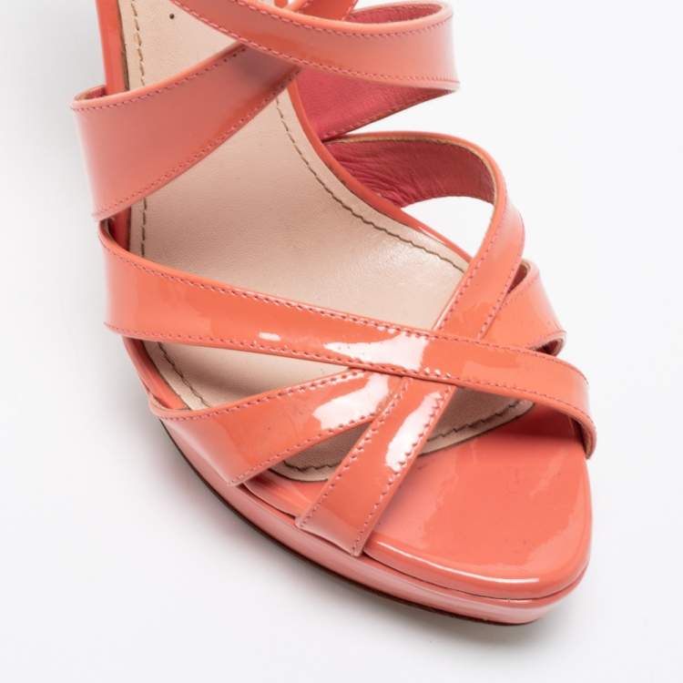 Pre Owned Miu Miu Peach Pink Patent Leather Platform Ankle Strap Sandals Size 39