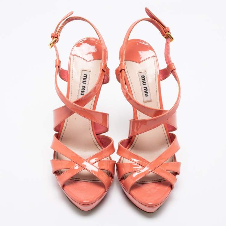 Pre Owned Miu Miu Peach Pink Patent Leather Platform Ankle Strap Sandals Size 39