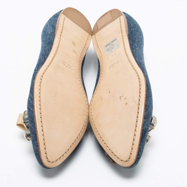 Pre Owned Miu Miu Blue Denim Crystal Embellished Bow Pointed Toe Ballet Flats Size 36