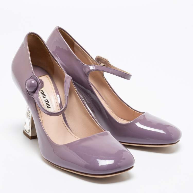 Pre Owned Miu Miu Tiffany Mauve Patent Leather Crystal Embellished Heel Mary Jane Pumps Size 36