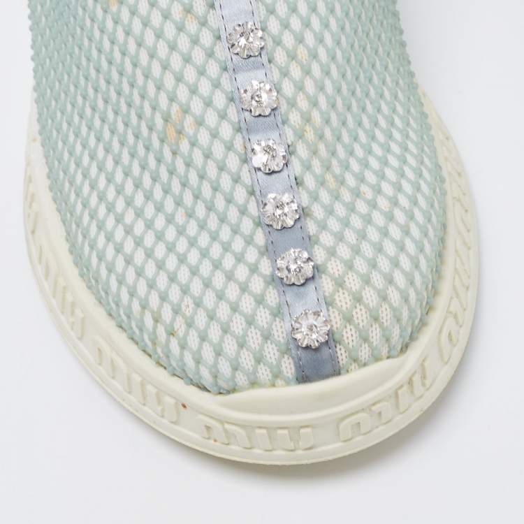Pre Owned Miu Miu Sea Green/Grey Mesh and Neoprene Crystal Embellished Slip-On Sneakers Size 37