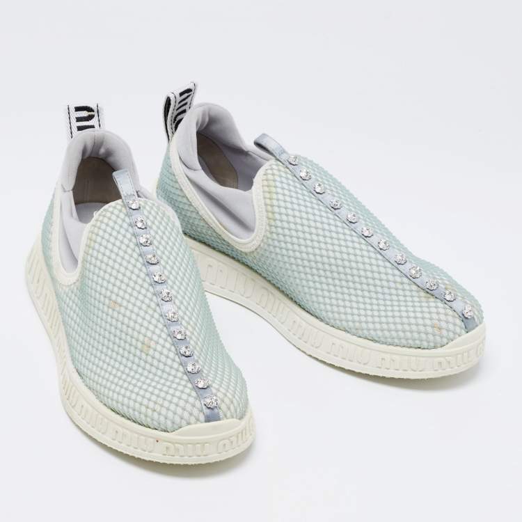 Pre Owned Miu Miu Sea Green/Grey Mesh and Neoprene Crystal Embellished Slip-On Sneakers Size 37