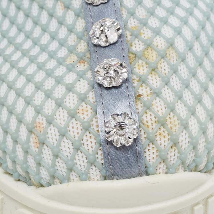 Pre Owned Miu Miu Sea Green/Grey Mesh and Neoprene Crystal Embellished Slip-On Sneakers Size 37