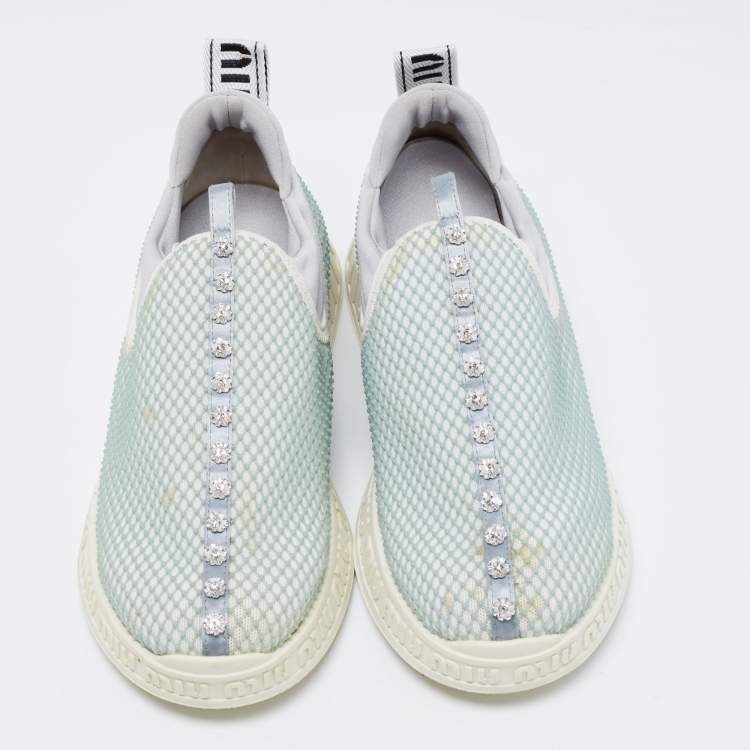 Pre Owned Miu Miu Sea Green/Grey Mesh and Neoprene Crystal Embellished Slip-On Sneakers Size 37