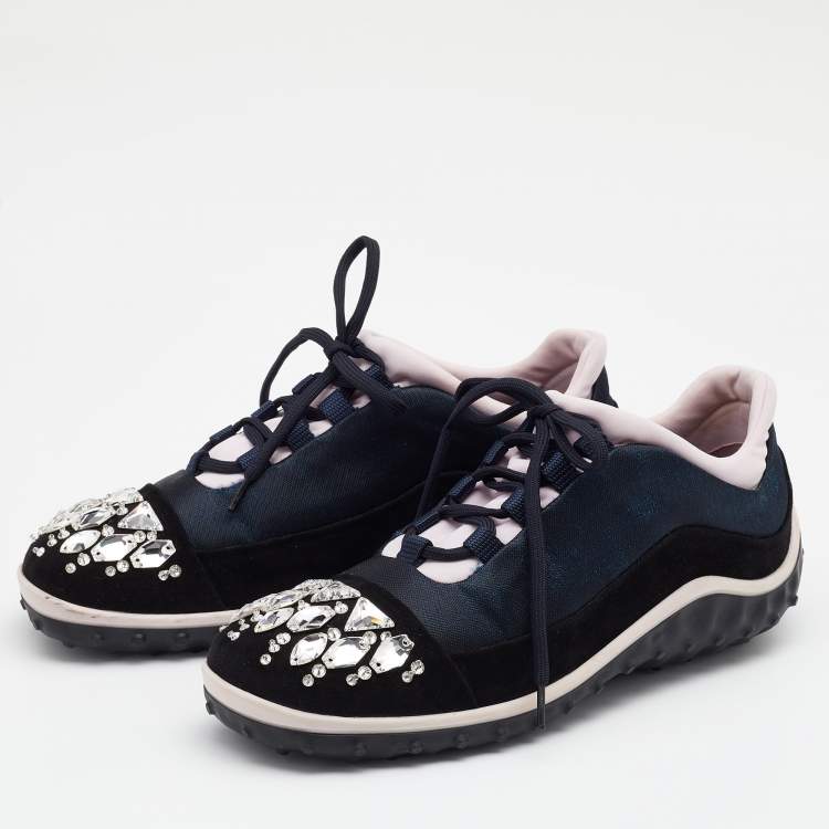 Pre Owned Miu Miu Tricolor Suede And Fabric Crystal Embellished Cap Toe Sneakers Size 39.5