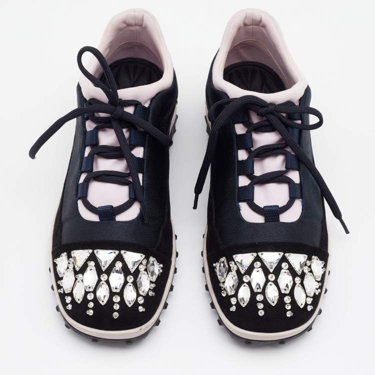 Pre Owned Miu Miu Tricolor Suede And Fabric Crystal Embellished Cap Toe Sneakers Size 39.5
