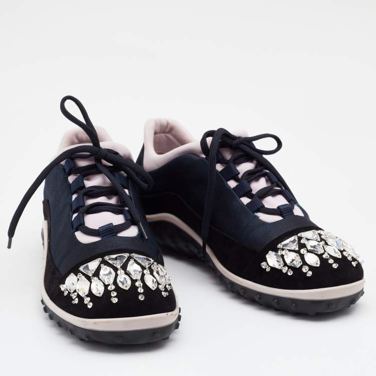 Pre Owned Miu Miu Tricolor Suede And Fabric Crystal Embellished Cap Toe Sneakers Size 39.5