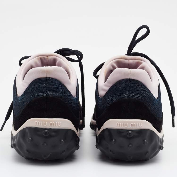 Pre Owned Miu Miu Tricolor Suede And Fabric Crystal Embellished Cap Toe Sneakers Size 39.5