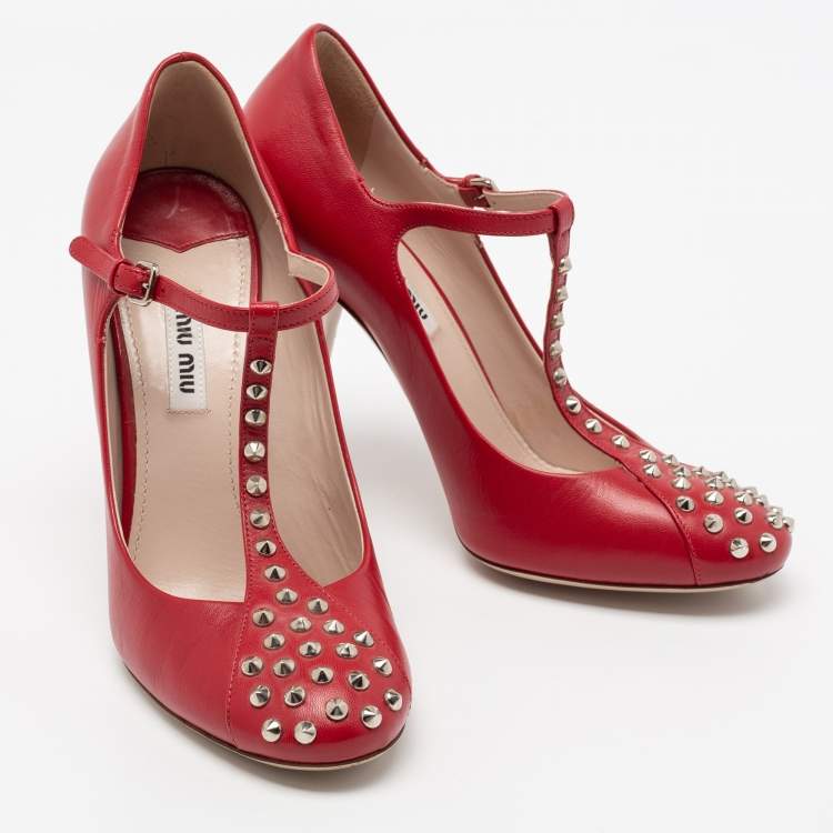 Pre Owned Miu Miu Red Studded Leather Mary Jane Pumps Size 38.5