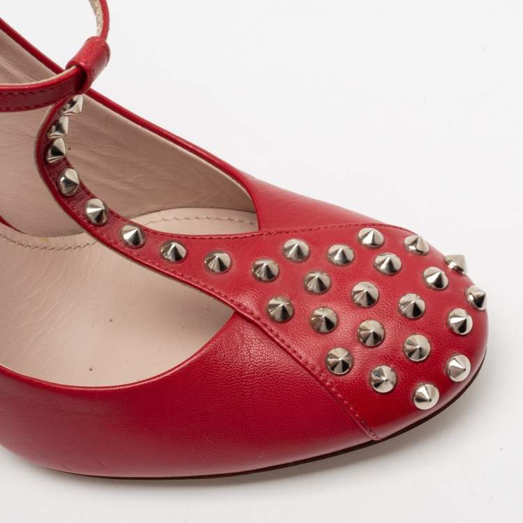 Pre Owned Miu Miu Red Studded Leather Mary Jane Pumps Size 38.5