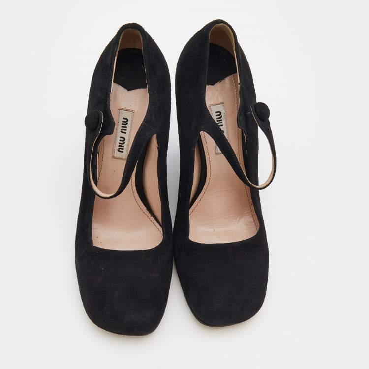 Pre Owned Miu Miu Black Suede Square Toe Mary Jane Wedge Pumps Size 38
