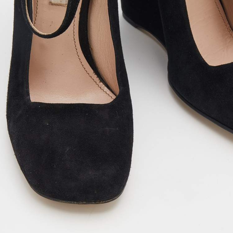 Pre Owned Miu Miu Black Suede Square Toe Mary Jane Wedge Pumps Size 38
