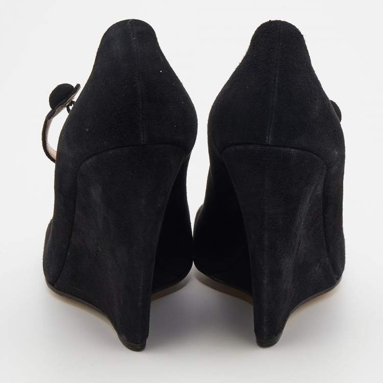 Pre Owned Miu Miu Black Suede Square Toe Mary Jane Wedge Pumps Size 38