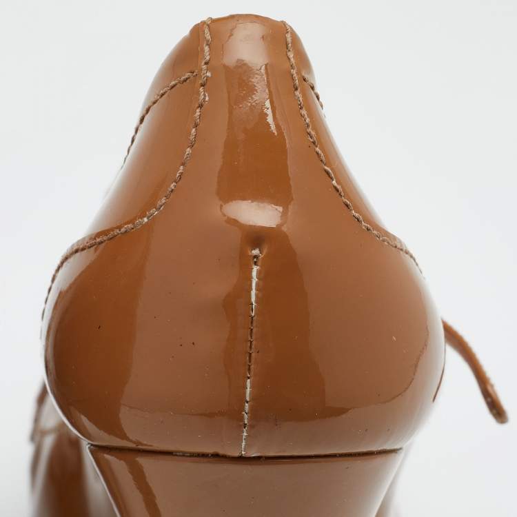 Pre Owned Miu Miu Brown Patent Leather Penny Loafer Platform Pumps Size 38.5