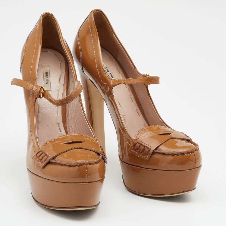 Pre Owned Miu Miu Brown Patent Leather Penny Loafer Platform Pumps Size 38.5