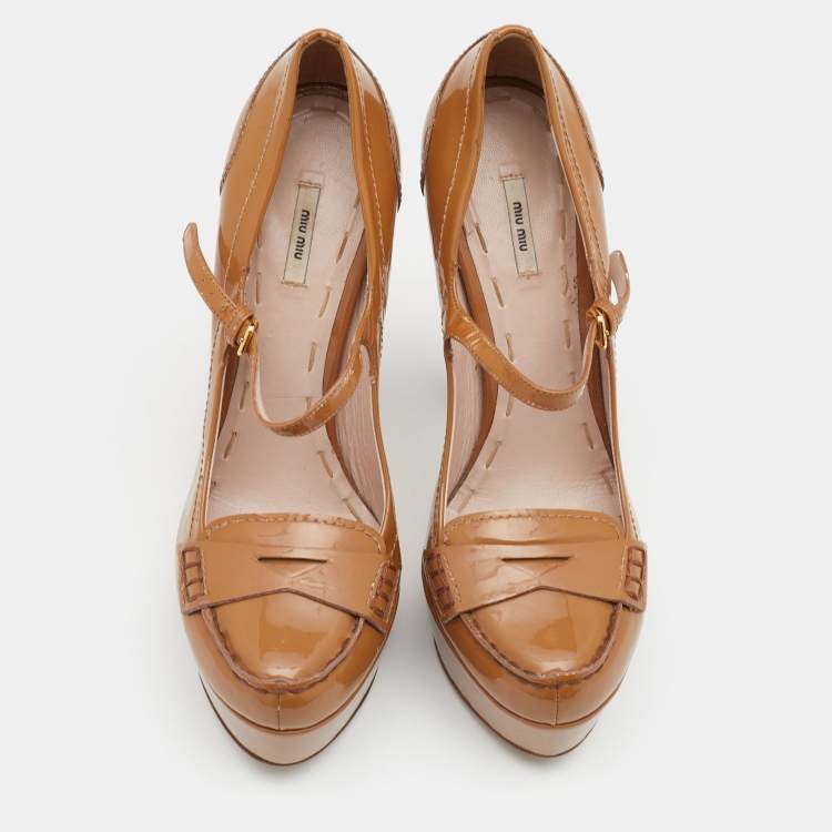 Pre Owned Miu Miu Brown Patent Leather Penny Loafer Platform Pumps Size 38.5