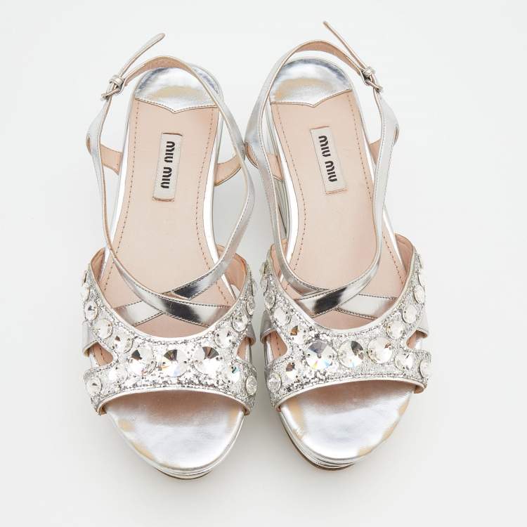 Pre Owned Miu Miu Silver Leather And Glitter Embellished Wedge Platform Slingback Sandals Size 37