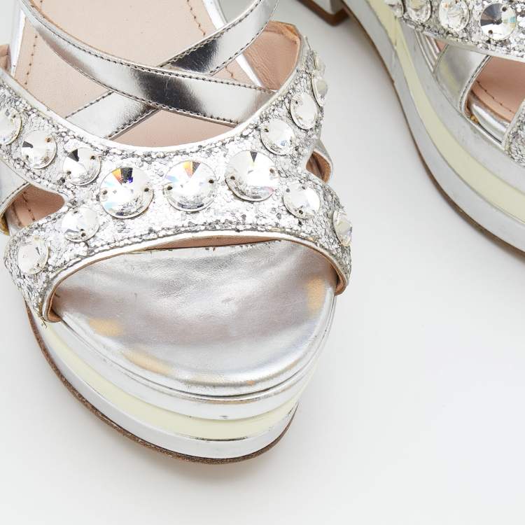 Pre Owned Miu Miu Silver Leather And Glitter Embellished Wedge Platform Slingback Sandals Size 37
