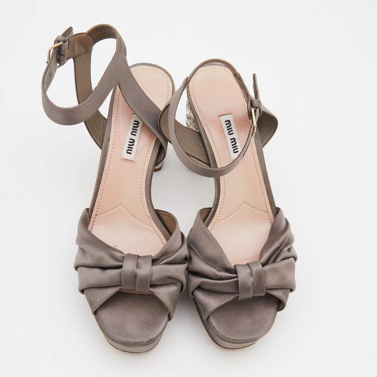 Pre Owned Miu Miu Grey Satin Crystal Embellished Block Heel Platform Ankle Strap Sandals Size 39