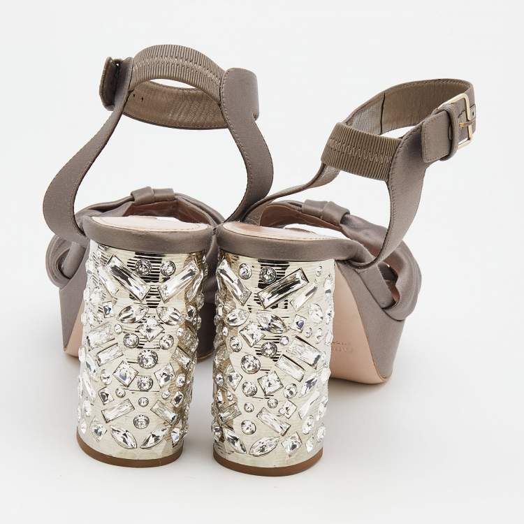 Pre Owned Miu Miu Grey Satin Crystal Embellished Block Heel Platform Ankle Strap Sandals Size 39
