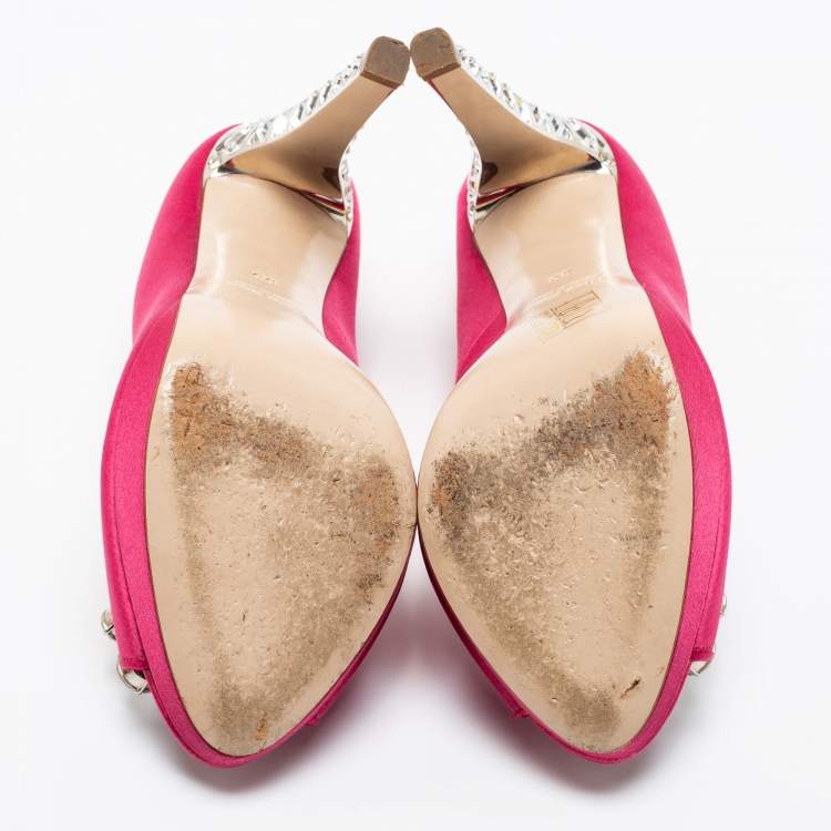 مملوكة مسبقًا Miu Miu Hot Pink Satin Crystal Embellished Heel Peep-Toe Platform Pumps Size 38