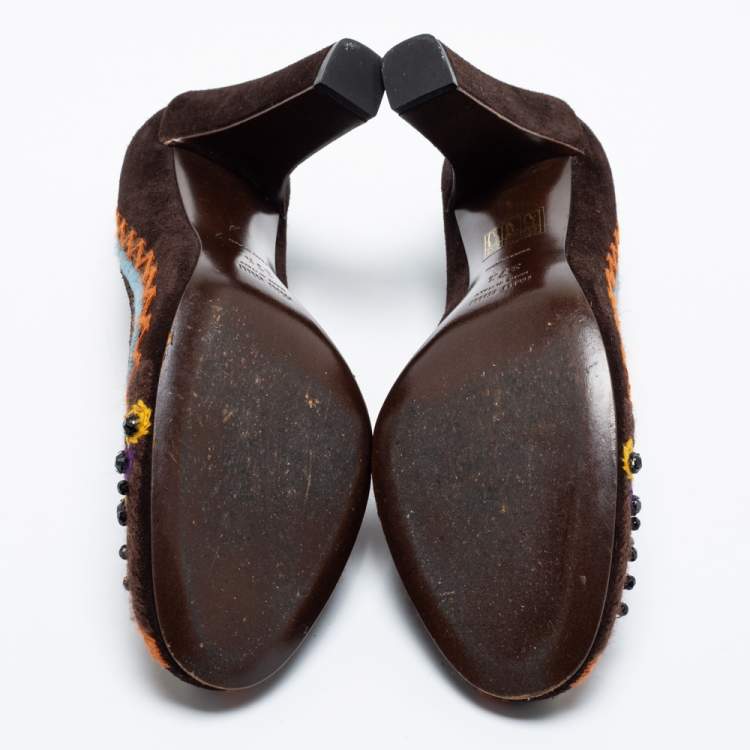 Pre Owned Miu Miu Dark Brown Suede Embroidered Round Toe Pumps Size 37.5