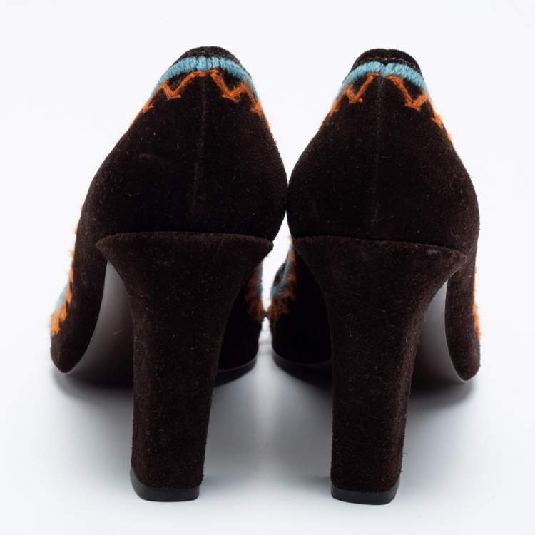 Pre Owned Miu Miu Dark Brown Suede Embroidered Round Toe Pumps Size 37.5