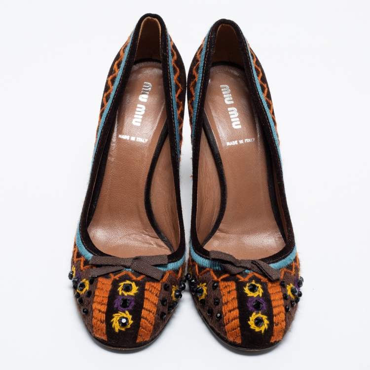 Pre Owned Miu Miu Dark Brown Suede Embroidered Round Toe Pumps Size 37.5