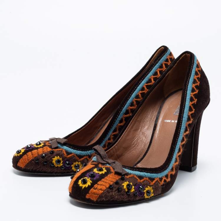 Pre Owned Miu Miu Dark Brown Suede Embroidered Round Toe Pumps Size 37.5