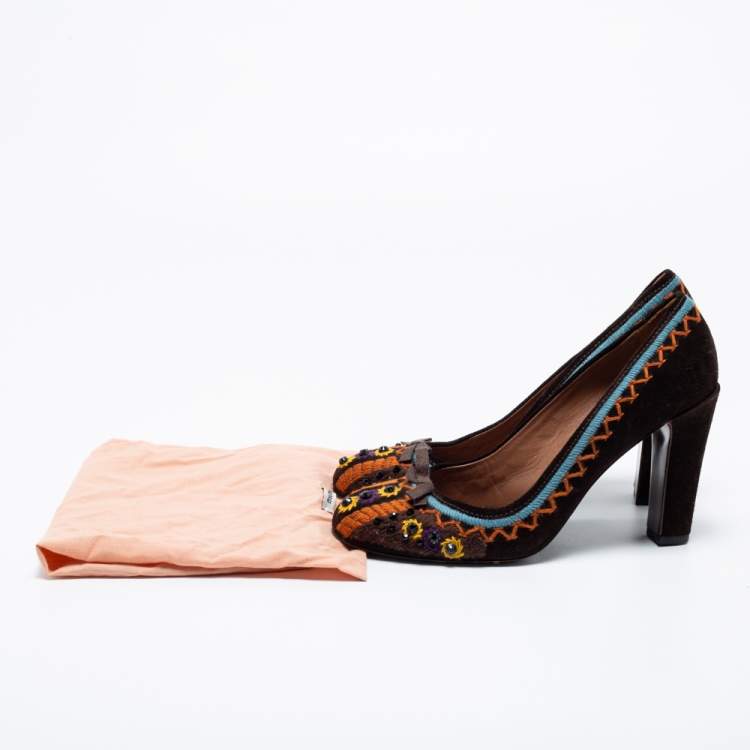 Pre Owned Miu Miu Dark Brown Suede Embroidered Round Toe Pumps Size 37.5