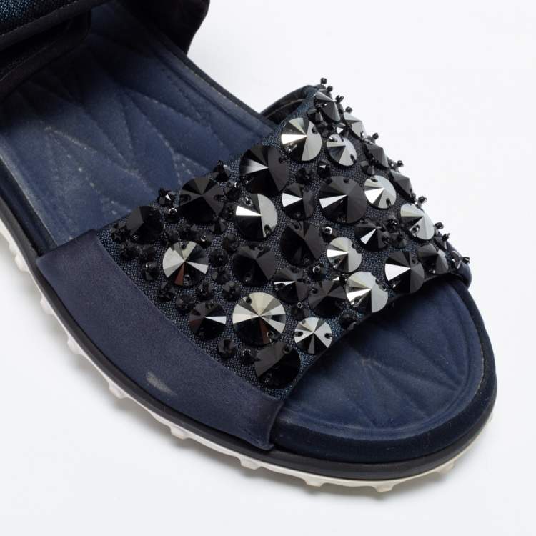 مملوكة مسبقًا Miu Miu Navy Blue Satin And Fabric Crystal Embellished Ankle Strap Sandals Size 37.5