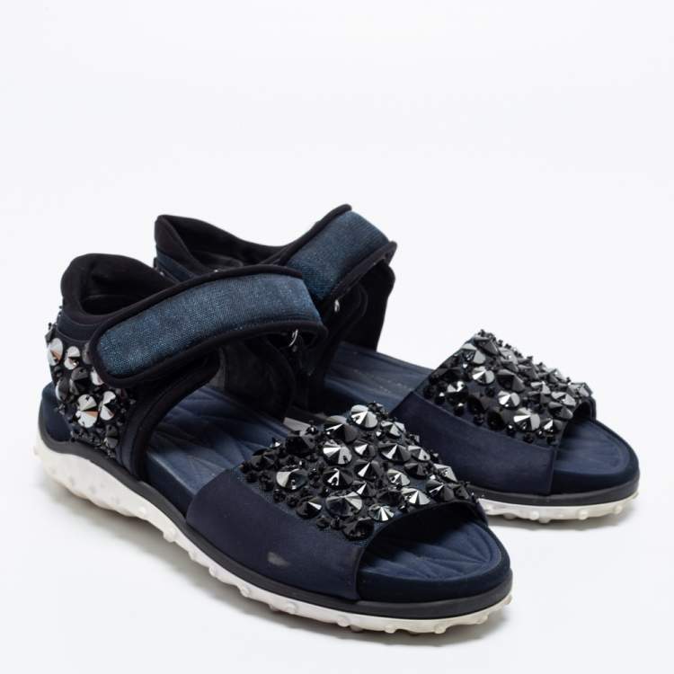مملوكة مسبقًا Miu Miu Navy Blue Satin And Fabric Crystal Embellished Ankle Strap Sandals Size 37.5