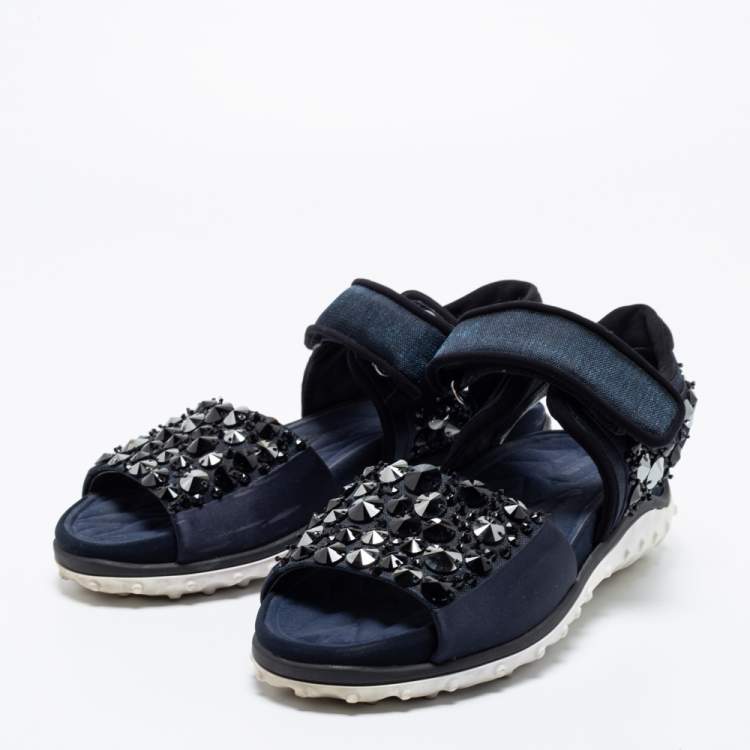 مملوكة مسبقًا Miu Miu Navy Blue Satin And Fabric Crystal Embellished Ankle Strap Sandals Size 37.5