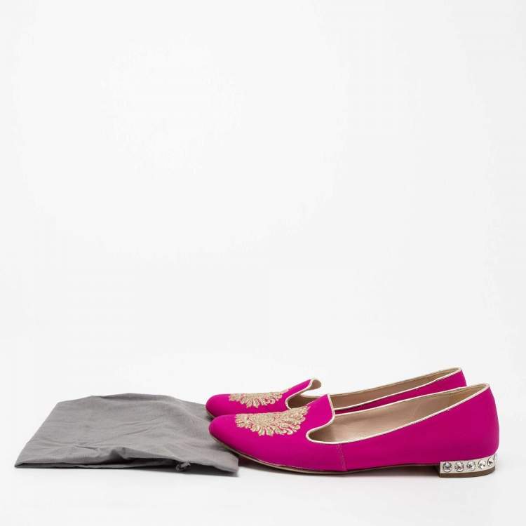 Pre Owned Miu Miu Pink Canvas Crest Crystal Embellished Smoking Slippers Size 38