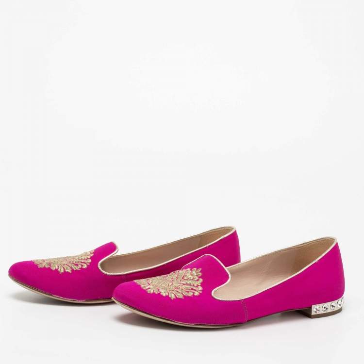 Pre Owned Miu Miu Pink Canvas Crest Crystal Embellished Smoking Slippers Size 38