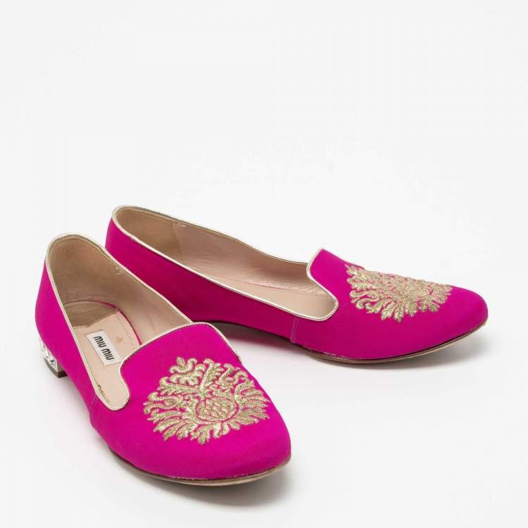 Pre Owned Miu Miu Pink Canvas Crest Crystal Embellished Smoking Slippers Size 38