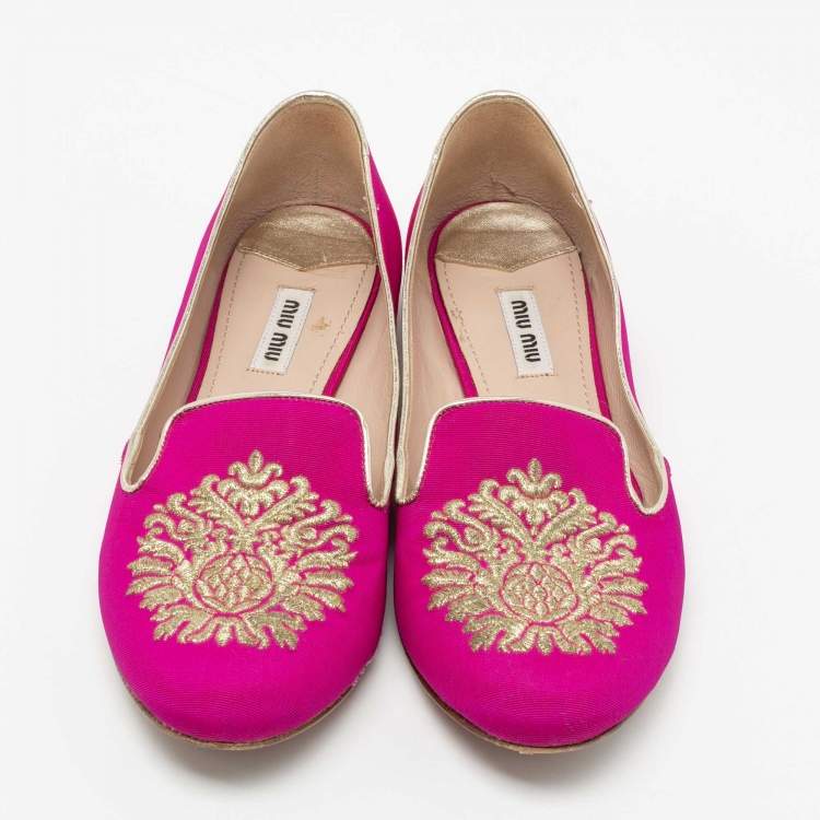 Pre Owned Miu Miu Pink Canvas Crest Crystal Embellished Smoking Slippers Size 38