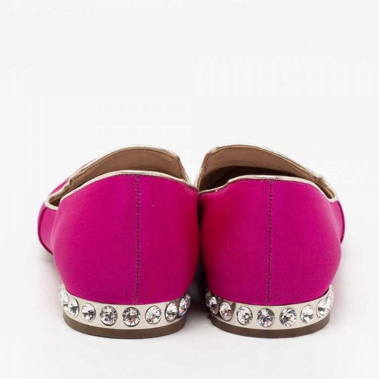 Pre Owned Miu Miu Pink Canvas Crest Crystal Embellished Smoking Slippers Size 38
