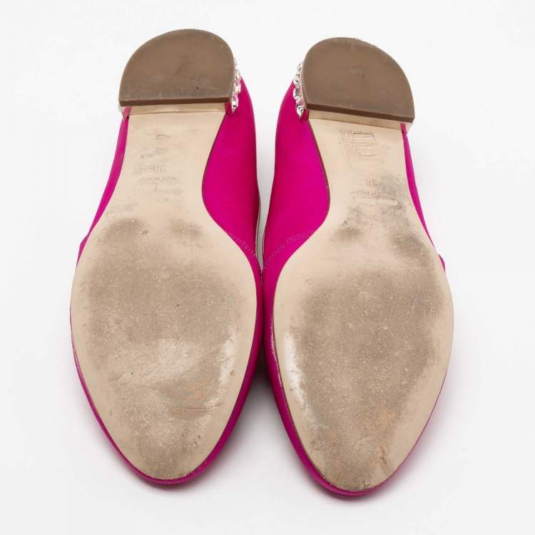 Pre Owned Miu Miu Pink Canvas Crest Crystal Embellished Smoking Slippers Size 38