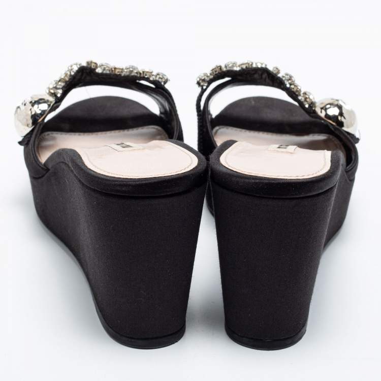 Pre Owned Miu Miu Black Satin Crystal Embellished Wedge Platform Open Toe Sandals Size 40
