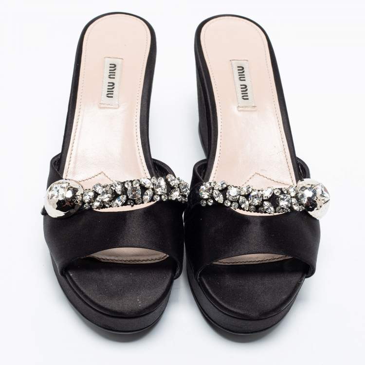 Pre Owned Miu Miu Black Satin Crystal Embellished Wedge Platform Open Toe Sandals Size 40