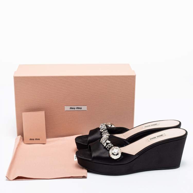 Pre Owned Miu Miu Black Satin Crystal Embellished Wedge Platform Open Toe Sandals Size 40