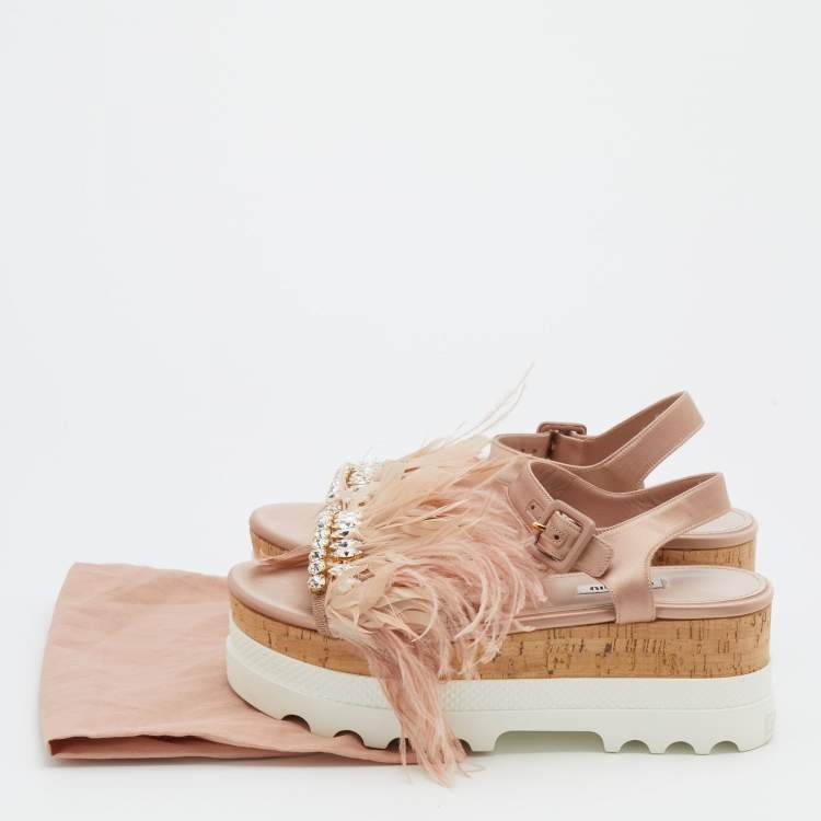 Pre Owned Miu Miu Pink Satin And Feather Crystal Embellished Platform Sandals Size 38.5