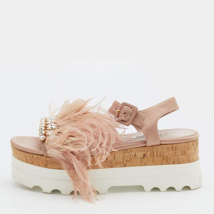 Pre Owned Miu Miu Pink Satin And Feather Crystal Embellished Platform Sandals Size 38.5