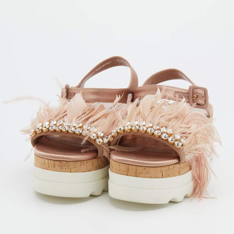 Pre Owned Miu Miu Pink Satin And Feather Crystal Embellished Platform Sandals Size 38.5