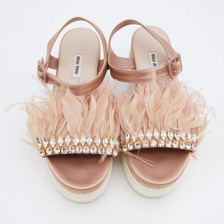 Pre Owned Miu Miu Pink Satin And Feather Crystal Embellished Platform Sandals Size 38.5