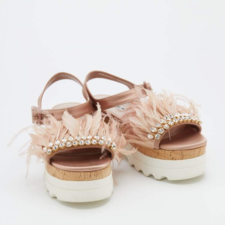 Pre Owned Miu Miu Pink Satin And Feather Crystal Embellished Platform Sandals Size 38.5