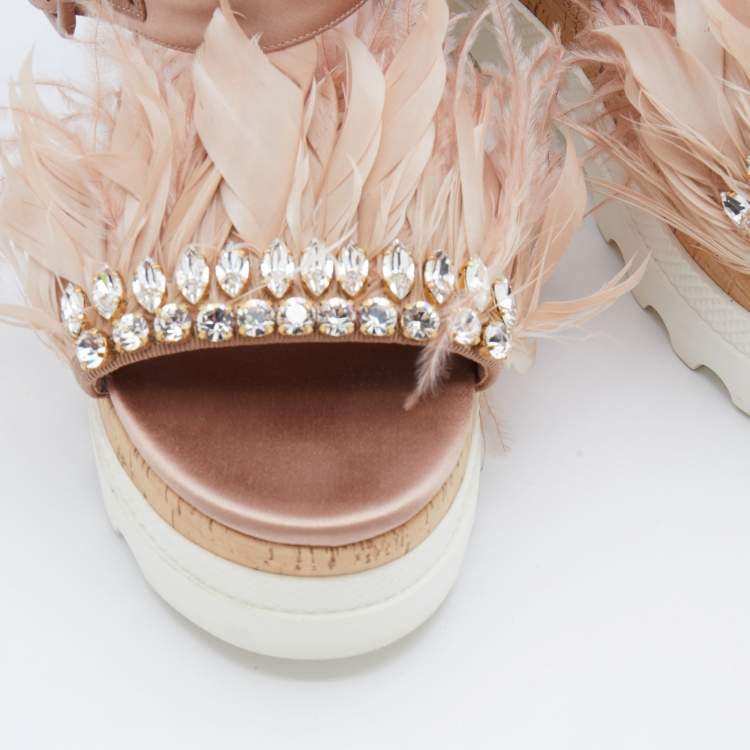 Pre Owned Miu Miu Pink Satin And Feather Crystal Embellished Platform Sandals Size 38.5
