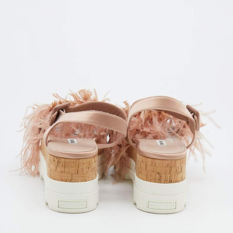 Pre Owned Miu Miu Pink Satin And Feather Crystal Embellished Platform Sandals Size 38.5